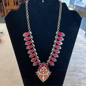 Antiqued Gold Finish Necklace w Maroon Stones & Rhinestones